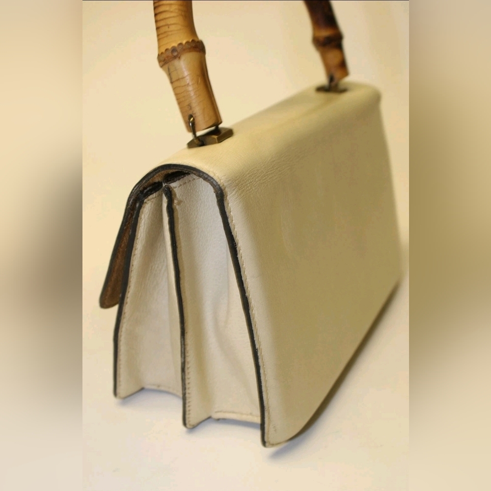 Calderon Vintage Womens Petite Ivory Leather Suede Bamboo Handle Satchel Bag - Picture 10 of 14